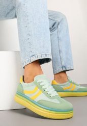 Zielono-Żółte Sneakersy Typu Kultowe Tenisówki na Niskiej Platformie Olritia. Zielone trampki i tenisówki damskie Renee, bez wzorów, z materiału, bez zapięcia. Za 79.99 zł.