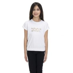 Błyszcząca, krótka koszulka dla dziewczynki. Białe t-shirty i topy dla dziewczynek LEONE 1947 APPAREL, bez wzorów, bez ramiączek. W wyprzedaży za 70.95 zł.