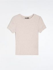 Jednolita koszulka z krótkim rękawem i domieszką modalu - beżowy. Brązowe t-shirty damskie Sinsay, l, bez wzorów, bez kołnierzyka. Za 19.99 zł.