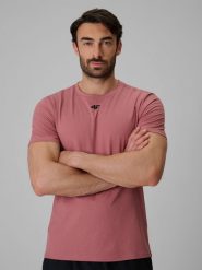 4F Koszulka treningowa regular szybkoschnąca męska - koralowa XL. Pomarańczowe koszulki sportowe męskie 4f, m, bez wzorów, z materiału, bez kołnierzyka. Za 99.99 zł.