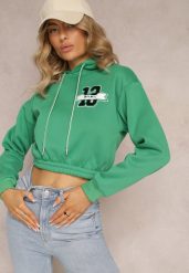 Zielona Krótka Bluza z Kapturem Ściągaczami i Ozdobnym Nadrukiem Relis. Zielone bluzy damskie Renee, l, z aplikacjami, z kapturem. Za 34.99 zł.