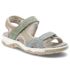 Sandały damskie Rieker, cholewka ze skóry ekologicznej z kolorowymi wstawkami regulowanymi paskami na rzep odkryty fason, kolorowe, 68866-94. Klapki damskie Rieker, bez wzorów, ze skóry ekologicznej, bez obcasa. Za 287.90 zł.