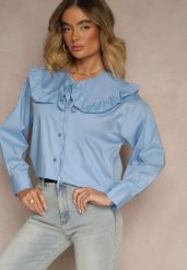 Niebieska Koszula z Bawełny w Stylu Retro z Wiązaniem i Kołnierzykiem z Falbankami Firsela. Niebieskie bluzki damskie Renee, z aplikacjami, z bawełny, klasyczne, bez kołnierzyka, bez ramiączek. Za 89.99 zł.