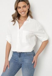 Biała Koszula Bawełniana w Delikatne Prążki Lissse. Białe bluzki damskie Born2be, l, bez wzorów, z bawełny, klasyczne, bez kołnierzyka, bez ramiączek. Za 59.99 zł.