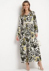 Zielona Satynowa Sukienka Maxi w Ornamentalny Wzór z Gumką w Talii Lainare. Zielone sukienki damskie Born2be, na co dzień, l, bez wzorów, z satyny, bez kołnierzyka, bez ramiączek, maxi, proste. Za 159.99 zł.