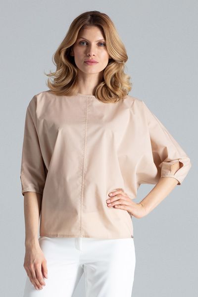 Beżowa Bluzka z Rozcięciem na Rękawach. Brązowe bluzki damskie Figl, l, bez wzorów, z bawełny, bez kołnierzyka, bez ramiączek. Za 179.00 zł.