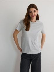 Bawełniany t-shirt - jasnoszary. Szare t-shirty damskie Reserved, l, bez wzorów, z bawełny, bez kołnierzyka. W wyprzedaży za 22.99 zł.