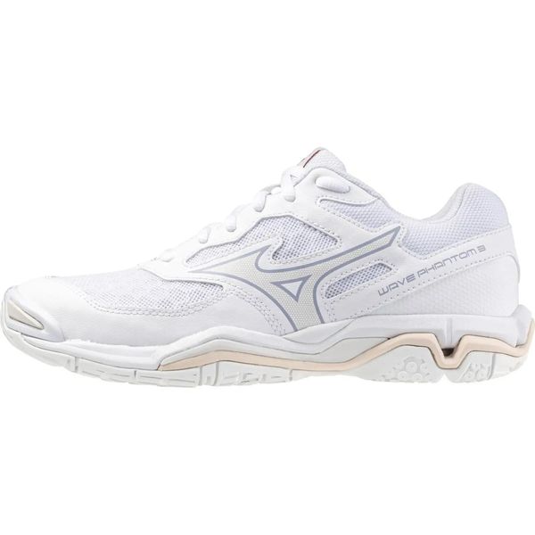 Damskie buty halowe Mizuno Wave Phantom. Białe obuwie sportowe damskie Mizuno, bez wzorów, z gumy, do piłki ręcznej, mizuno wave. Za 279.99 zł.
