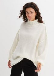 Sweter z grubej dzianiny. Białe swetry damskie bonprix, bez wzorów, z dzianiny, bez kołnierzyka, bez ramiączek, bez kaptura. Za 124.99 zł.