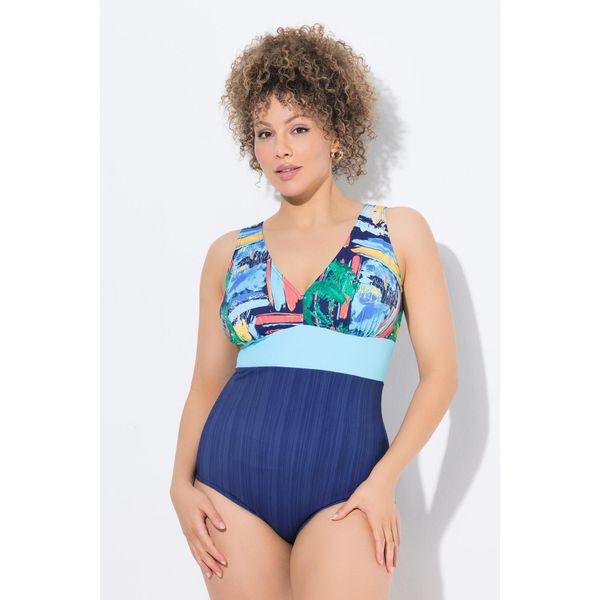 Damski Strój kąpielowy okrągły dekolt miękkie miseczki z recyklingu. Niebieskie kostiumy jednoczęściowe damskie Ulla Popken, plus size, bez wzorów, z elastanu, sportowe, plus size. Za 239.99 zł.