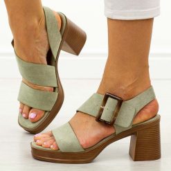 Zielone sandały damskie na słupku Potocki 54307. Zielone sandały damskie POTOCKI, bez wzorów, z materiału, bez obcasa, na platformie, bez zapięcia. Za 169.00 zł.