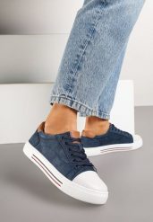 Granatowe Płaskie Trampki ze Skóry Naturalnej ze Skórzaną Wkładką i Ozdobnym Noskiem Milili. Niebieskie obuwie sportowe damskie Renee, bez wzorów, z jeansu, klasyczne, bez zapięcia. Za 79.99 zł.