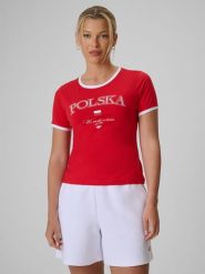 4F Koszulka kibica damska - czerwona M. Czerwone koszulki sportowe damskie 4f, m, bez wzorów, z bawełny, bez kołnierzyka, bez ramiączek. Za 59.99 zł.