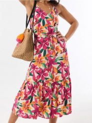 Wiskozowa sukienka midi w kwiaty w energetycznym kolorze - wielobarwny. Sukienki damskie Sinsay, l, bez wzorów, z wiskozy, bez kołnierzyka, bez ramiączek, midi. Za 39.99 zł.