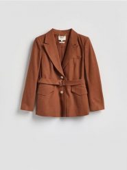 Marynarka z paskiem w talii - brązowy. Brązowe żakiety damskie Reserved, l, bez wzorów, z tkaniny. Za 329.99 zł.