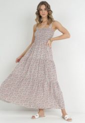 Jasnobeżowa Sukienka Rozkloszowana na Ramiączkach w Kwiaty Hasana. Brązowe sukienki damskie Born2be, na co dzień, na lato, l, bez wzorów, eleganckie, bez kołnierzyka, bez ramiączek, maxi, proste. Za 99.99 zł.