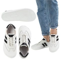 Buty skórzane damskie Joker Blackorwhite białe – minimalistyczne sneakersy Olivier. Białe półbuty damskie bez wzorów, z jeansu, eleganckie, bez obcasa, bez zapięcia. Za 392.97 zł.