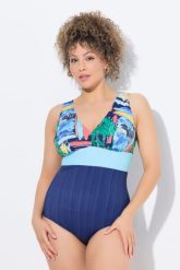 Damski Strój kąpielowy okrągły dekolt miękkie miseczki z recyklingu. Niebieskie kostiumy jednoczęściowe damskie Ulla Popken, plus size, bez wzorów, z elastanu, plus size, do pływania. Za 239.99 zł.