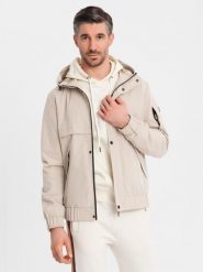 Funkcjonalna męska kurtka przejściowa z kapturem – beżowa V3 - Rozmiar: L. Brązowe kurtki męskie Ombre Clothing, l, bez wzorów, z materiału, z kapturem. W wyprzedaży za 217.49 zł.