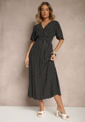 Czarna Sukienka z Bawełną i Kopertowym Dekoltem ze Wzorem w Kropki Ldivona. Czarne sukienki damskie Renee, na co dzień, na lato, l, bez wzorów, z bawełny, eleganckie, bez kołnierzyka, bez ramiączek, maxi, kopertowe. Za 49.99 zł.