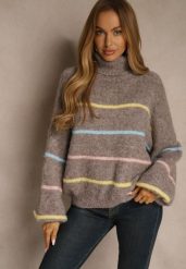 Beżowy Golf z Wełną w Paski Monallesa. Brązowe swetry damskie Renee, na jesień, bez wzorów, z jeansu, bez kołnierzyka, bez ramiączek, bez kaptura. Za 169.99 zł.