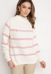 Beżowo-Różowy Sweter z Wiskozą w Paski Dintia. Czerwone swetry damskie Born2be, uniwersalny, bez wzorów, z jeansu, eleganckie, bez kołnierzyka, bez ramiączek, długie, bez kaptura. Za 64.99 zł.
