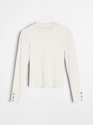 Bawełniana bluzka z ozdobnymi guzikami - kremowy. Białe bluzki damskie Sinsay, l, bez wzorów, z bawełny, bez kołnierzyka, bez ramiączek. Za 25.99 zł.