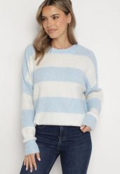 Jasnoniebieski Sweter w Pasy z Wełną Zakończony Ściągaczem Tiaelle. Niebieskie swetry damskie Born2be, bez wzorów, z wełny, klasyczne, bez kołnierzyka, bez ramiączek, bez kaptura. Za 129.99 zł.
