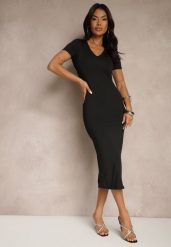 Czarna Sukienka Bodycon o Dopasowanym Kroju z Dekoltem w V Efrerina. Czarne sukienki damskie Renee, na co dzień, l, bez wzorów, z jeansu, eleganckie, bez kołnierzyka, bez ramiączek, midi, bodycon. Za 139.99 zł.