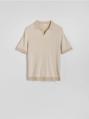 Sweter polo z otwartym kołnierzem - beżowy. Brązowe swetry przez głowę męskie Reserved, l, bez wzorów, z bawełny, bez kołnierzyka. W wyprzedaży za 89.99 zł.