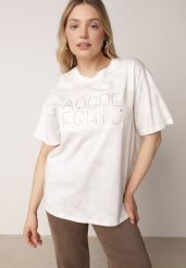 Biały Oversizowy T-shirt z Bawełny Zdobiony Haftem z Cekinami Pidella. Białe bluzki damskie Born2be, m, z aplikacjami, z bawełny, bez kołnierzyka, bez ramiączek. Za 59.99 zł.