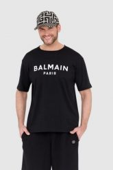 BALMAIN Czarny t-shirt męski z drukowanym białym logo, Rozmiar S. Czarne t-shirty męskie Balmain, l, bez wzorów, bez kołnierzyka. W wyprzedaży za 999.99 zł.