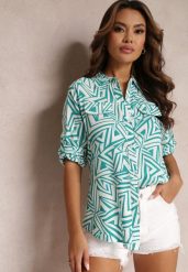 Zielono-Biała Koszula z Wiskozy w Geometryczny Print Jacelyn. Zielone bluzki damskie Renee, l, bez wzorów, z jeansu, eleganckie, bez kołnierzyka, bez ramiączek. Za 49.99 zł.
