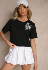 Czarny Bawełniany T-shirt z Ozdobnym Nadrukiem i Cyrkoniami Teomala. Czarne bluzki damskie Renee, l, bez wzorów, z bawełny, eleganckie, bez kołnierzyka. Za 34.99 zł.