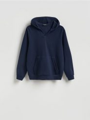Dzianinowa bluza z kapturem - granatowy. Niebieskie bluzy męskie Reserved, l, bez wzorów, z bawełny, z kapturem. Za 139.99 zł.