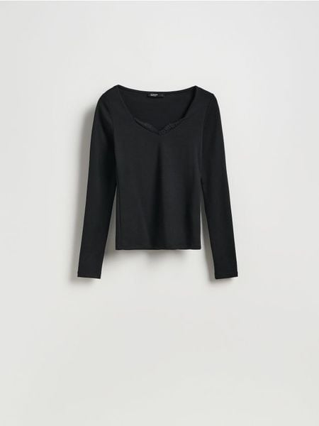 Bluzka z koronką - czarny. Czarne bluzki damskie Reserved, l, bez wzorów, z bawełny, bez kołnierzyka, bez ramiączek. W wyprzedaży za 49.99 zł.