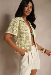 Zielona Koszula z Bawełny Ozdobiona Geometrycznym Wzorem Melundria. Zielone bluzki damskie Renee, uniwersalny, bez wzorów, z bawełny, eleganckie, bez kołnierzyka, bez ramiączek. Za 129.99 zł.