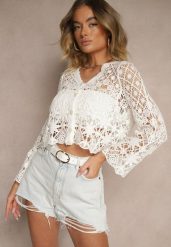 Biały Bawełniany Kardigan Ażurowy na Guziki Xarli. Białe kardigany damskie Renee, m, w ażurowe wzory, z bawełny, eleganckie, długie. Za 44.99 zł.