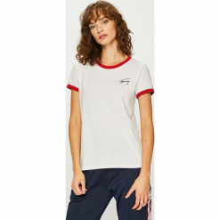 Tommy Jeans - Top. Szare topy damskie Tommy Jeans, z nadrukiem, z bawełny, z okrągłym kołnierzem, z krótkim rękawem. Za 179.90 zł.