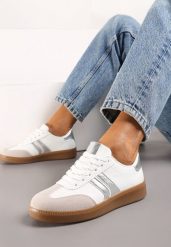 Biało-Srebrne Sneakersy Tenisówki na Kauczukowej Podeszwie Alleia. Białe trampki i tenisówki damskie Born2be, bez wzorów, z jeansu, eleganckie, bez zapięcia. Za 99.99 zł.