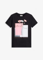 Koszulka bawełniana. Czarne t-shirty damskie bonprix, bez wzorów, z bawełny, eleganckie, bez kołnierzyka. Za 27.99 zł.