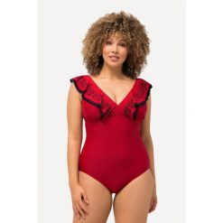 Damskie Strój kąpielowy falbanki cięty laserowo dekolt w serek miękkie miseczki. Czerwone kostiumy jednoczęściowe damskie Ulla Popken, plus size, bez wzorów, z elastanu, sportowe, plus size, do pływania. Za 294.99 zł.