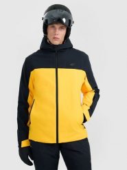 4F Kurtka narciarska membrana 5000 męska - żółta L. Żółte kurtki snowboardowe męskie 4f, l, bez wzorów, z tkaniny, bez kaptura, narciarskie. Za 349.99 zł.