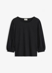 Bluzka T-shirtowa ze strukturalnej krepy. Czarne bluzki damskie bonprix, bez wzorów, bez kołnierzyka, bez ramiączek. Za 79.99 zł.