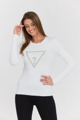 GUESS Biały damski sweter Rylie Triangle z dużym logo. Białe swetry damskie Guess, s, z aplikacjami, z elastanu, eleganckie, bez kołnierzyka, bez ramiączek, długie, bez kaptura. W wyprzedaży za 322.99 zł.
