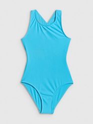 4F Kostium kąpielowy jednoczęściowy dziewczęcy - niebieski 134/140 (8-10 lat). Niebieskie stroje kąpielowe dla dziewczynek 4f, bez wzorów, z materiału. Za 89.99 zł.