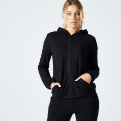 Bluza na zamek damska Domyos Gym & Pilates 100. Czarne bluzy damskie DOMYOS, xl, bez wzorów, z bawełny, bez kaptura. Za 69.99 zł.
