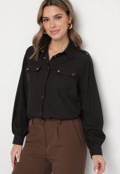 Czarna Koszula z Wiskozą i Ozdobnymi Pagonami Beliven. Czarne bluzki damskie Born2be, l, bez wzorów, z jeansu, eleganckie, bez kołnierzyka, bez ramiączek. Za 69.99 zł.