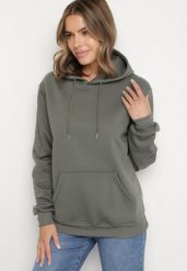 Zielona Bluza z Kapturem i Kangurkową Kieszenią Envila. Zielone bluzy męskie Born2be, l, bez wzorów, z jeansu, z kapturem. Za 59.99 zł.