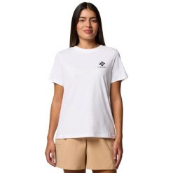 T-shirt sportowy z krótkim rękawem damski Rolling Bend Graphic SS Tee. Białe koszulki sportowe damskie Columbia, xl, bez wzorów, z bawełny, bez kołnierzyka, bez ramiączek. Za 99.99 zł.